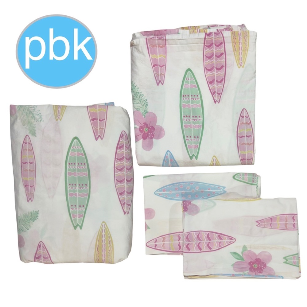 Pottery Barn Kids Full Sheet Set Pink Island Surf Ttopical Hibiscus & Surfboards